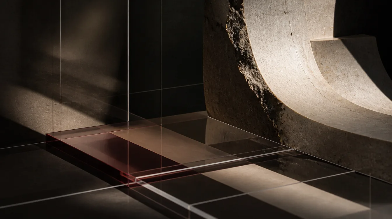 Detalhe de pedra talhada e planos de vidro âmbar em luz rasante