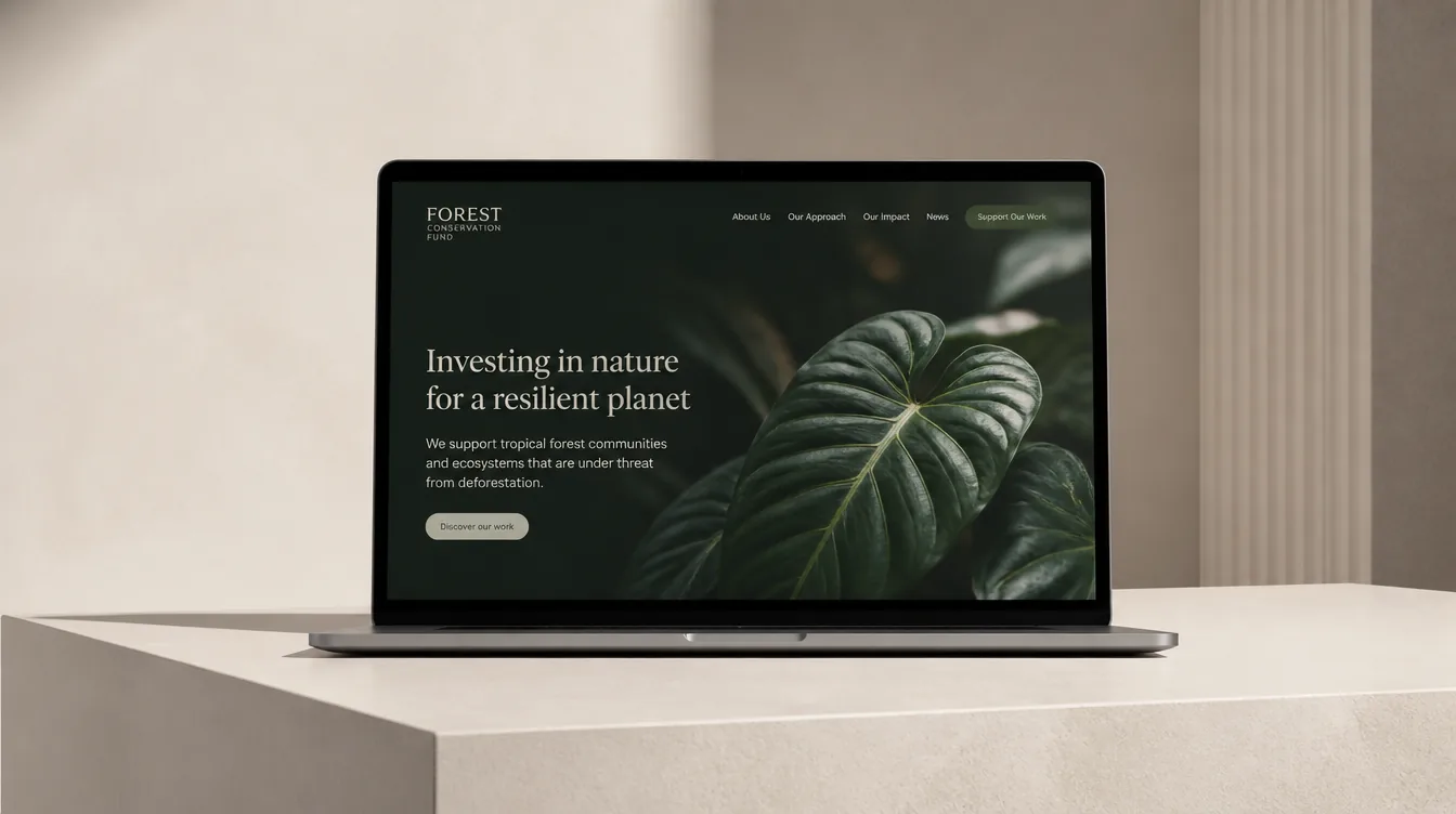 Landing page institucional exibida em um laptop em ambiente claro