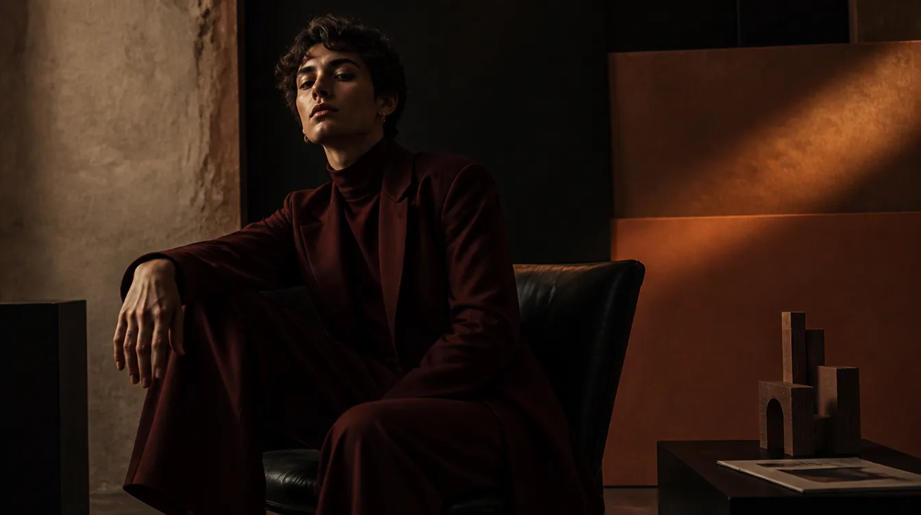 Retrato editorial de pessoa em blazer bordô em um estúdio de paredes claras